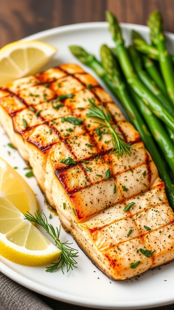 Grilled salmon fillet seasoned with herbs, garnished with dill and lemon, served with asparagus.